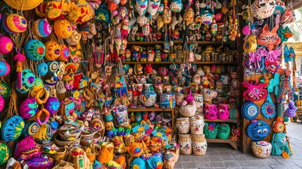 Fototapeta premium A market stall in Mexico filled with handcrafted souvenirs like mini piÃ±atas, embroidered textiles, and pottery.