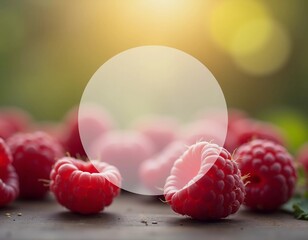 Ripe raspberries are showcased, featuring a rounded semi-transparent background and soft bokeh...