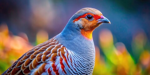 Obraz premium Stunning Night Photography of Gray Partridge Close-Up Portrait, Capturing Intricate Feather Details and Captivating Eyes in Natural Habitat, Ideal for Wildlife Enthusiasts and Nature Lovers