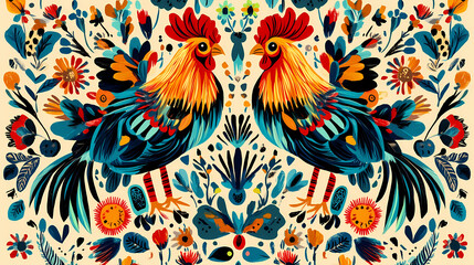 Obraz premium A polish folk pattern embroidery with roosters. Folk. Illustration