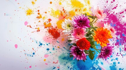 Colorful bouquet of flowers in a blue vase on a splattered paint background. Vibrant decoration concept for parties or weddings.