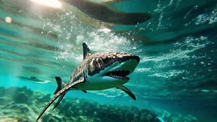 A shark swimming underwater, surrounded by bubbles and sunlight filtering through the water.