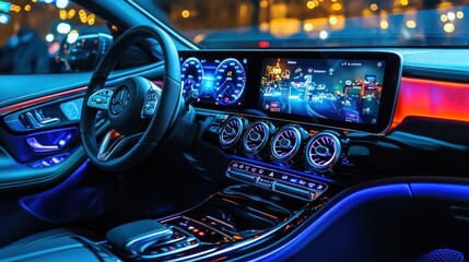 A modern car interior with a large touchscreen display showing music, movies, and navigation options, symbolizing car entertainment.