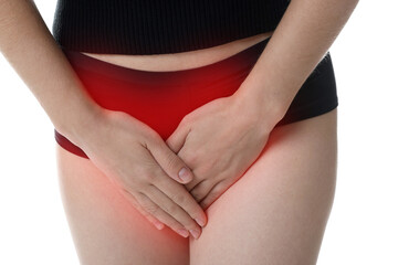 STD (sexually transmitted diseases). Woman holding hands near her groin on white background, closeup