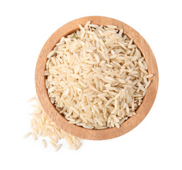 Raw rice in bowl isolated on white, top view
