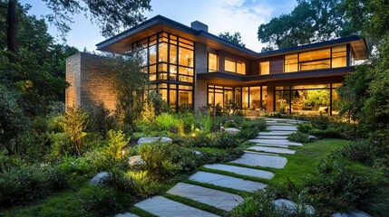 Fototapeta premium Modern House with a Stone Path and Lush Greenery 