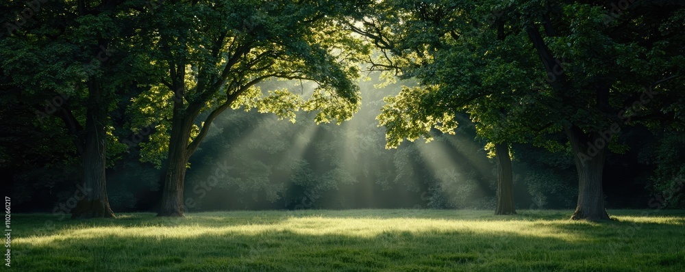 Poster sunlight filtering through trees in a serene forest landscape.