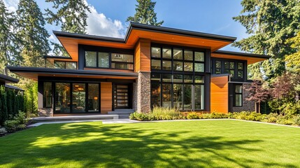 Fototapeta premium Modern Two-Story House with Large Windows and a Green Lawn 