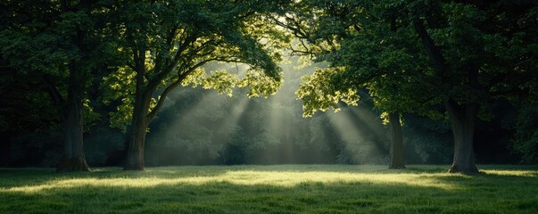 Sunlight filtering through trees in a serene forest landscape.