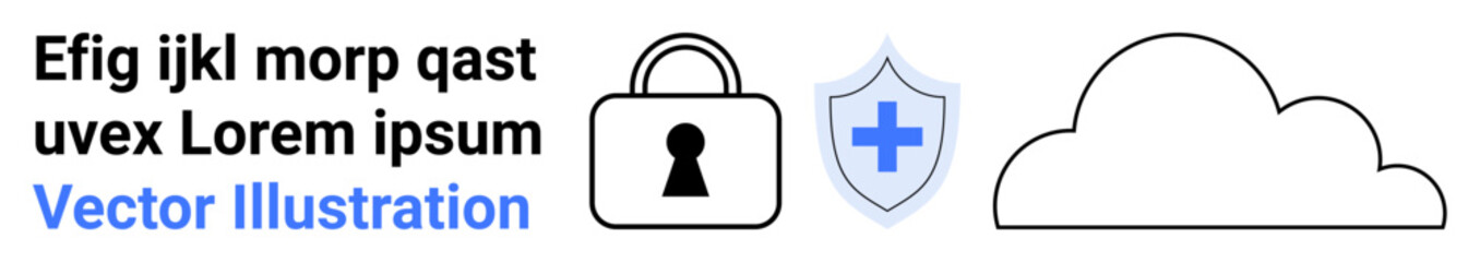 Lock represents security, shield with plus sign denotes protection, and cloud symbolizes cloud storage. Ideal for digital security, data protection, cloud computing, online privacy, IT services