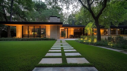 Fototapeta premium Modern Home with Stone Pathway and Lush Green Lawn 