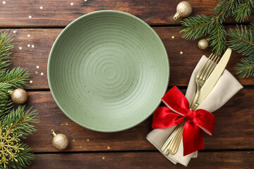 Christmas setting and festive decor on wooden table, flat lay