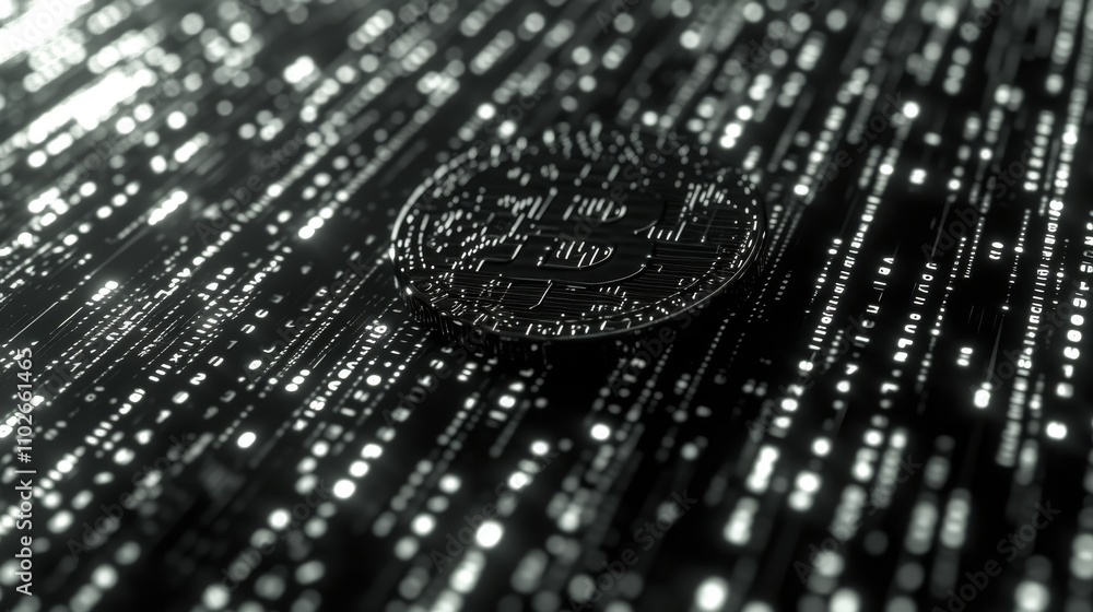 Aufkleber a black and white image showcasing the bitcoin symbol surrounded by abstract digital data, creating 