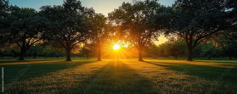 Poster sunset view through trees creating a serene atmosphere in a lush green park.