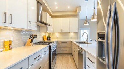 A modern kitchen with sleek countertops, stainless steel appliances, and bright lighting, ready for cooking