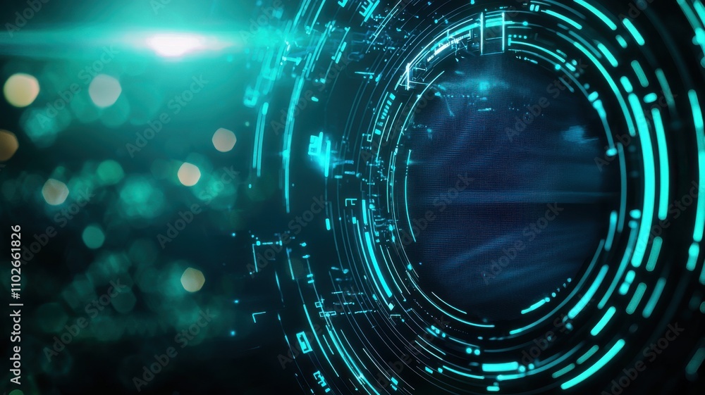 Poster a futuristic abstract design featuring glowing circular patterns and digital elements in shades of b