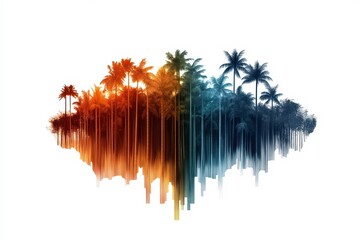 Vibrant Landscape Illustration with Tropical Palm Trees Merging into Abstract Soundwave Patterns in Bright Colors on a Crisp White Background