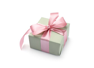 Beautiful gift box with pink bow isolated on white