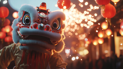 Traditional Chinese Lion Dance Performance Highlighting Lunar New Year Festivities. Image made using Generative AI.