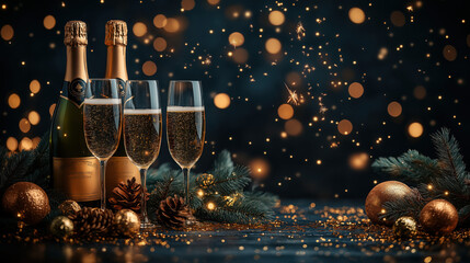 Sparkling New Year Celebration with Fireworks and Champagne