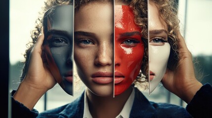 Masked identities: navigates emotional masks, expressions, how face aligns with their psychological state, contemplating impact pretending versus authenticity in personal roles, social interactions.