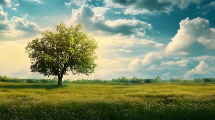 Obraz premium Single Tree in a Field, Sunny Day