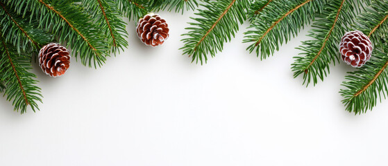 A festive arrangement of pine branches and cones on a white background, evoking a seasonal, natural aesthetic perfect for winter celebrations.