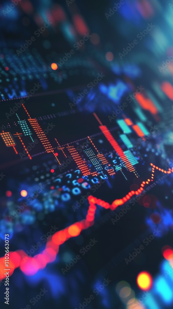 Poster financial stock market data chart with a futuristic digital interface. bright lines, bars, and point