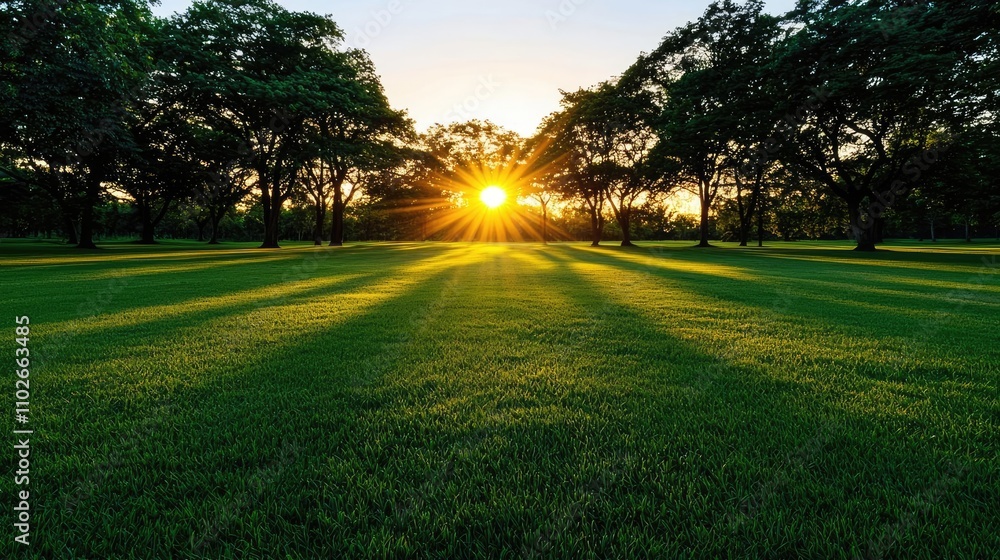 Poster Sunset over a lush green field with trees casting long shadows.