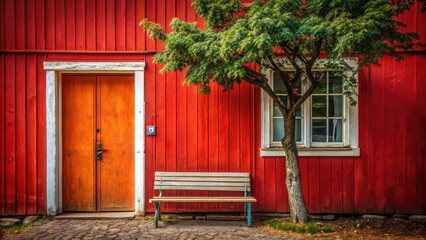 Red House White Door Urban Exploration Photography - Side View, Tree, Bench
