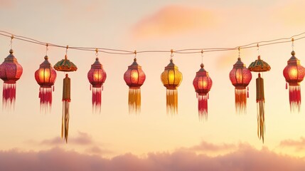 Colorful Lanterns Hanging Against Sunset Sky