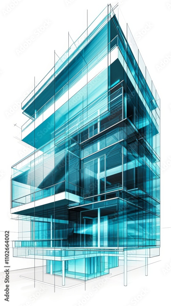 Poster an abstract architectural concept of a futuristic building made from blue glass with sharp, geometri
