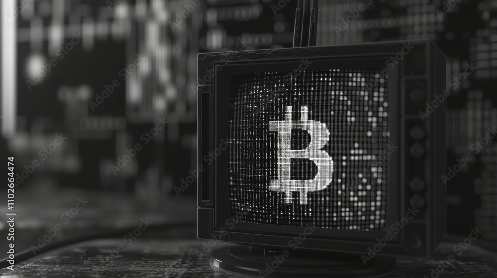 Poster a bitcoin symbol is displayed on a vintage television screen with a digital data matrix background, 