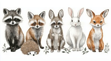 Obraz premium Watercolor Illustration of Cute Forest Animals Raccoon Cat Hedgehog Red Fox Deer Bunny White Rabbit