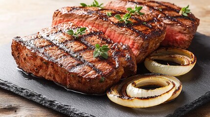 Grilled steak with herbs and grilled onions on a slate plate.