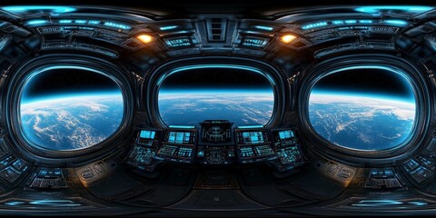 Futuristic Spaceship Cockpit Interior 360-Degree Panorama HDRI Sci-Fi Spacecraft View