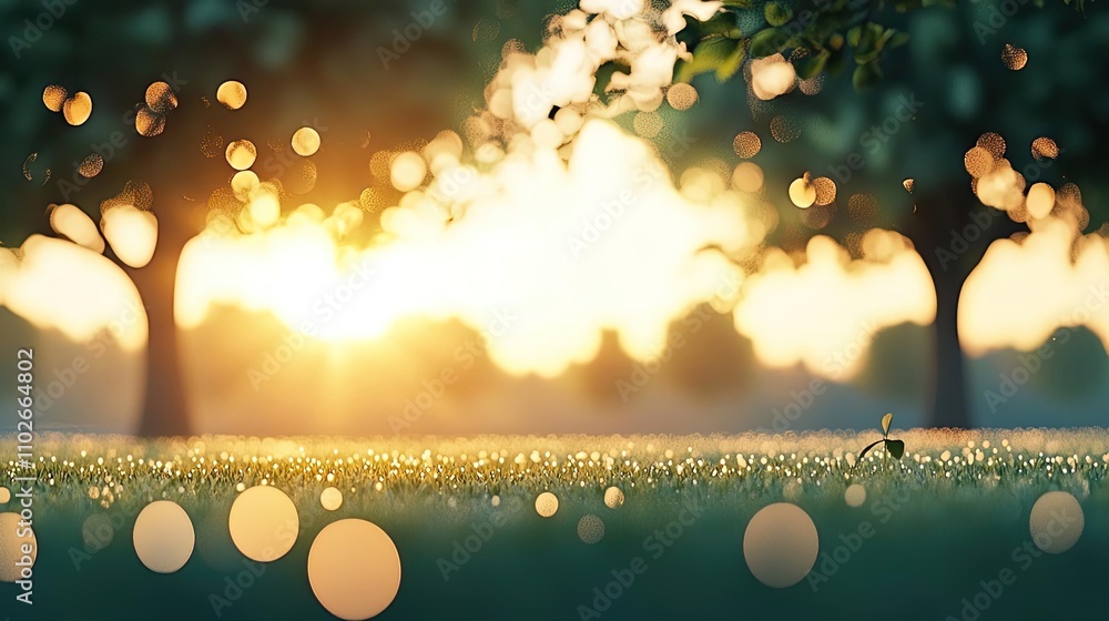 Poster serene landscape with sunlight filtering through trees and soft bokeh effects.