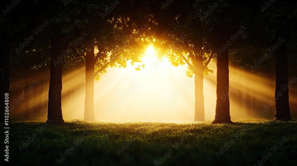 Poster sunlight streaming through trees in a serene forest landscape, creating a warm glow.