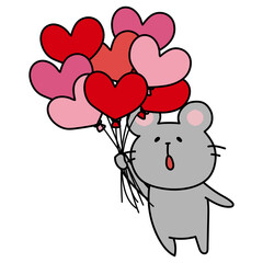 ハートの赤い風船の束を持っているネズミ