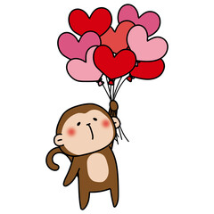 ハートの赤い風船の束を持っている猿