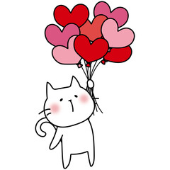 ハートの赤い風船の束を持っている白い猫