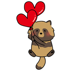 ハートの風船を持っているタヌキ