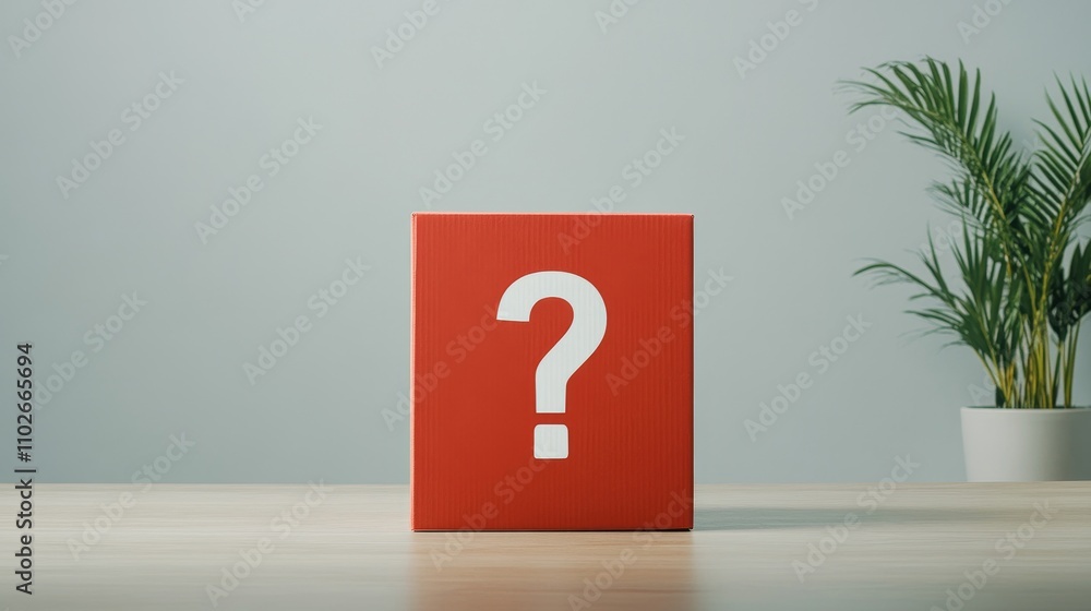Poster red mystery box with question mark on a table