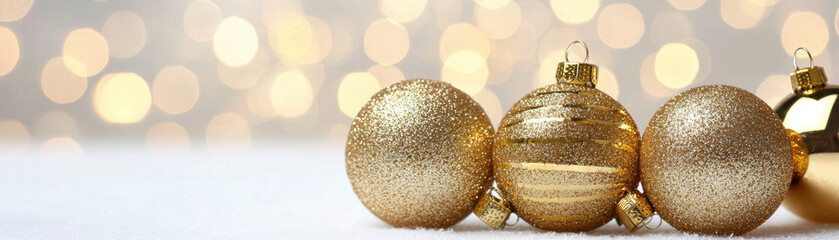 A trio of shimmering gold Christmas ornaments rests on a soft surface, with a blurred, sparkling background creating a festive atmosphere.