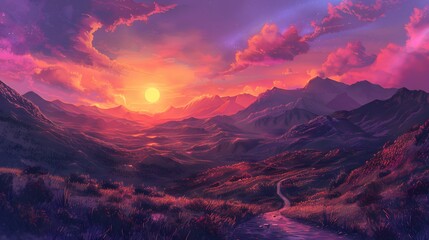 Fototapeta premium Vibrant Sunset Over Majestic Mountain Range Landscape