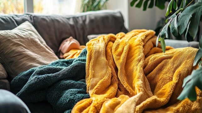 A person comfortably nestled in blankets on a sofa, enjoying a lazy day at home.