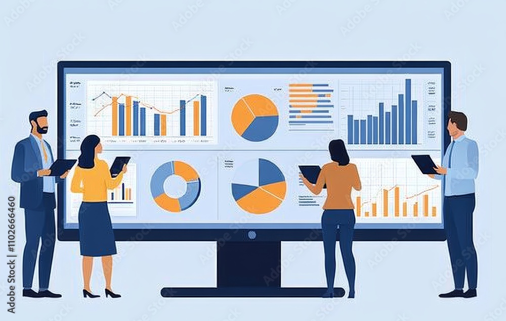 Aufkleber business data analysis team meeting with professionals and data charts display on monitor