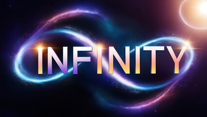Glowing infinity symbol with "INFINITY" text against a cosmic backdrop.