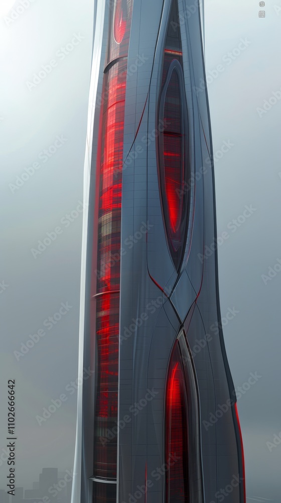 Poster a sleek, ai-generated skyscraper featuring bold red accents stands tall against a cloudy sky. the fu