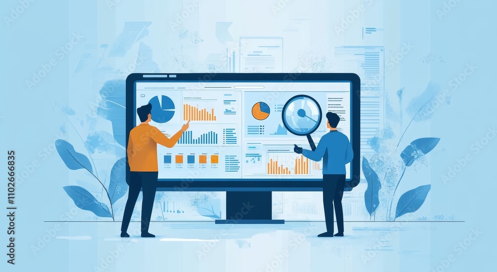 Poster data analytics and monitoring by business people on computer dashboard for financial investment and 